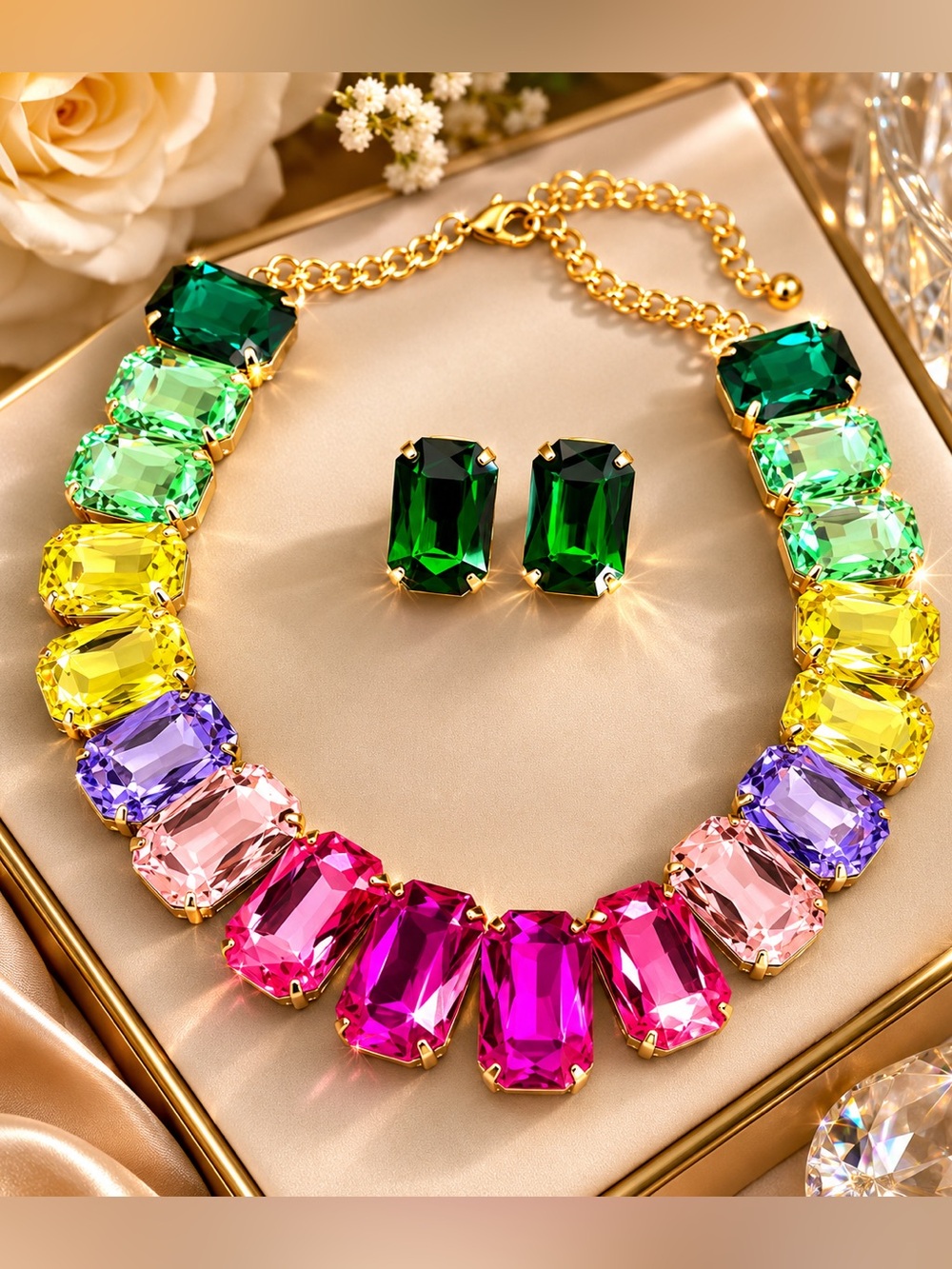 Multicolor Crystal Statement Necklace with Green Crystal Stud Earrings